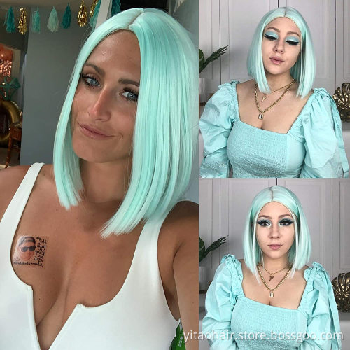 Synthetic Straight Hair Bob Cut Wig Middle Part Shoulder Length Fashion Bob Wigs for Women Colored Mint Green Cosplay Wig